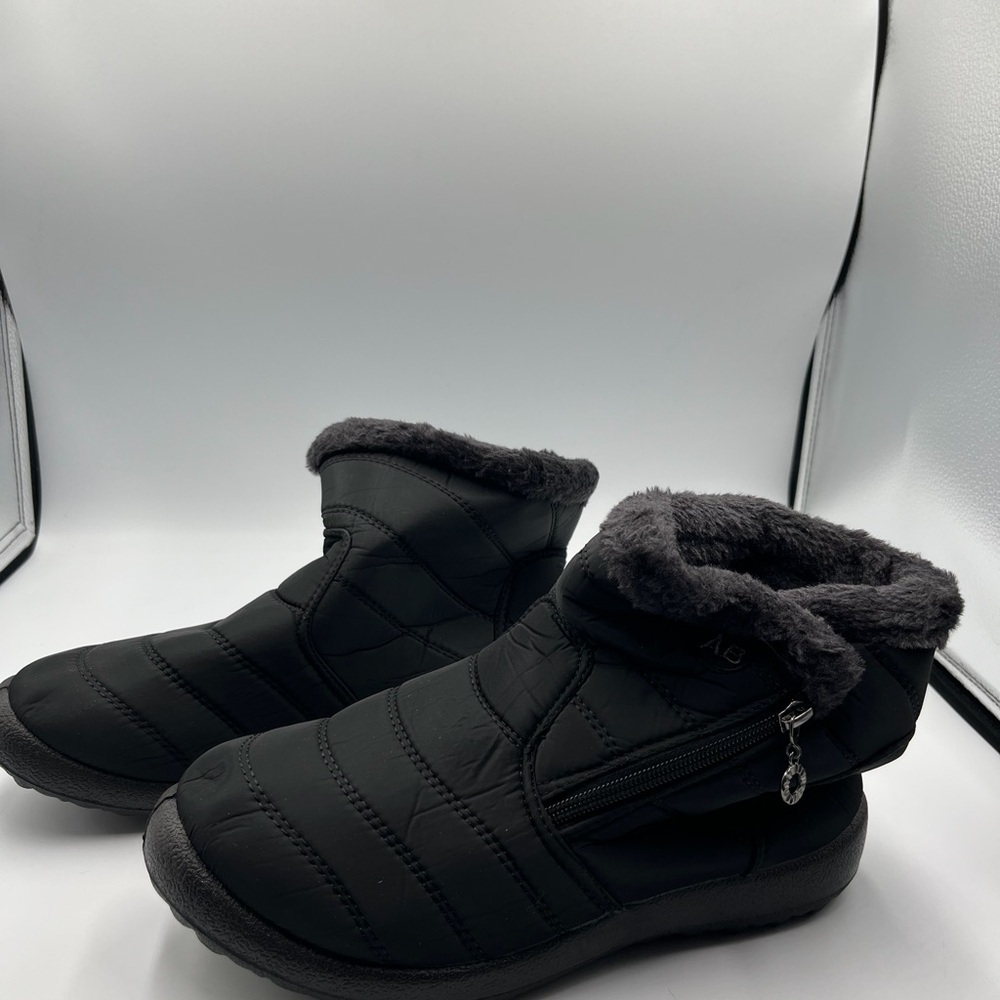 Women's Black Winter Ankle Boots with Plush Fur Collar and Side Zip
